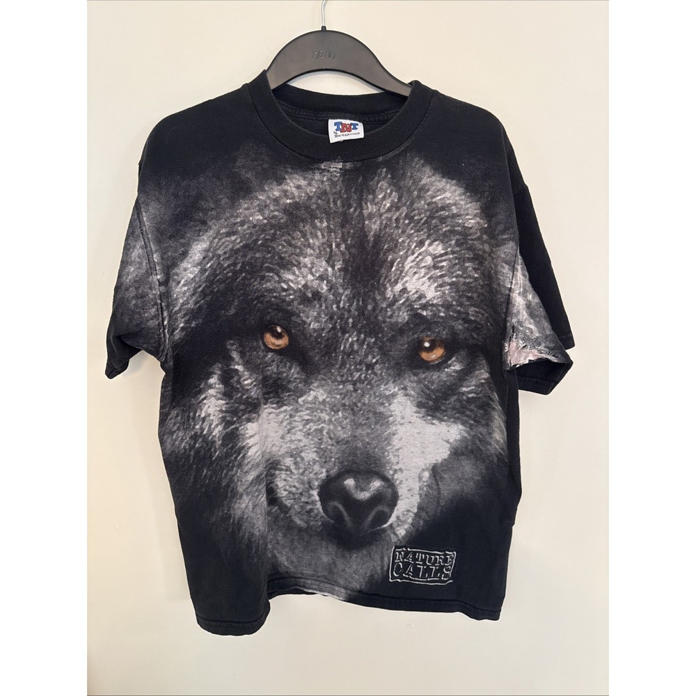 Vintage 90s TNT T Shirt Wolf All Over Print AOP Black Mens Size L Nature Calls
